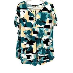 BAISHENGGT Babydoll Tunic Top Women's XXL 2XL Blue Floral Peasant Boho Flowy NEW